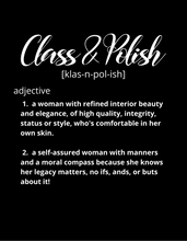 Load image into Gallery viewer, Class_Polish2ptwomensdefteewhfontblkbkgrnd.png